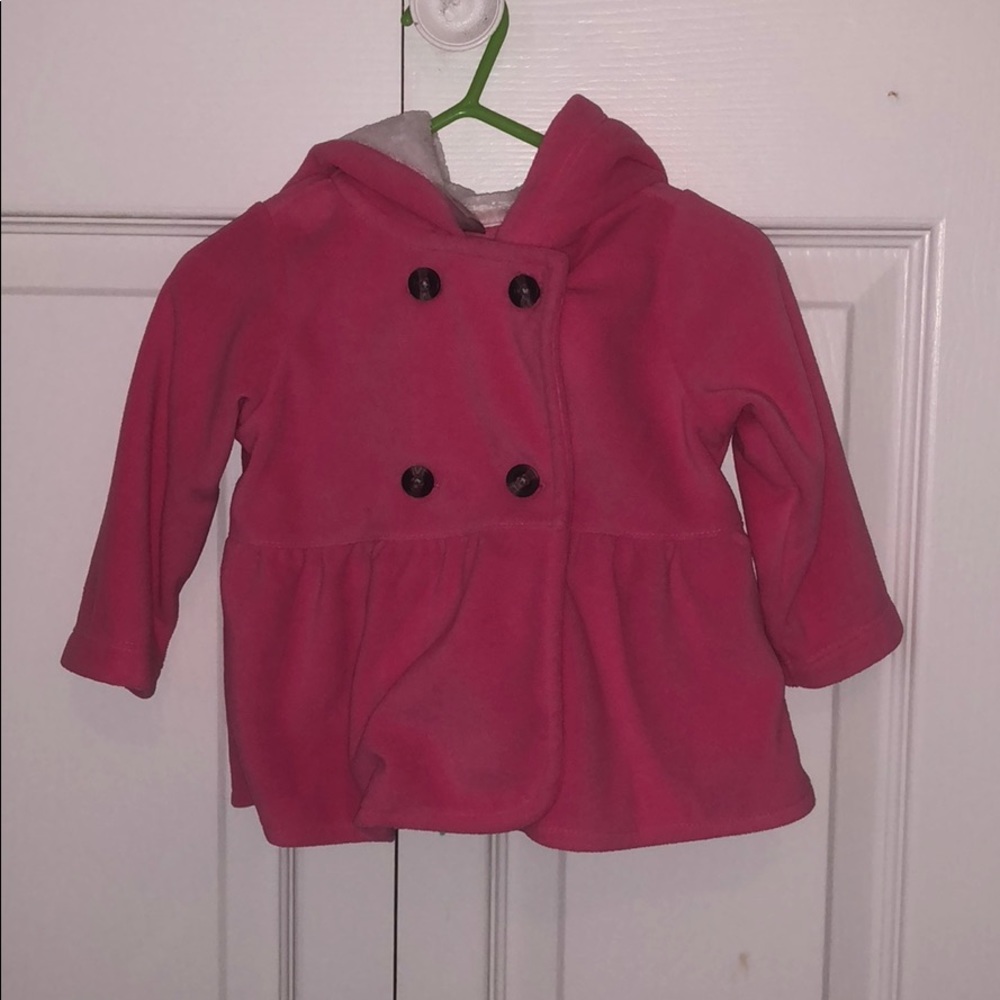 Pink soft coat with white fleece lined hood